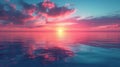 Clouds colored in pink and orange hues over a calm sea, with the sun setting on the horizon Royalty Free Stock Photo