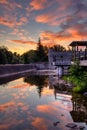 Historic Mill Ruins Reflected At Sunrise In Lindsay, Ontario, Canada