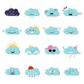 Clouds cute emoji, smily emoticons faces set. Vector flat illustration Royalty Free Stock Photo