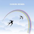 Clouds design background, colorful rainbow, flying swallows stock