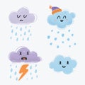 Clouds with different expression face. Sad rainy, happy snowy, Angry thunderstorm