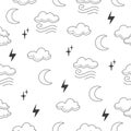 Clouds doodle seamless pattern. Line cloud and moon, children nursery template. Simple weather fabric print texture
