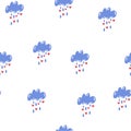 Clouds with drops and hearts seamless pattern. Colorful hearts rain. Cute seamless background for Valentine\'s day. Vector