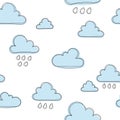 Clouds with drops and rain. Cute seamless pattern with clouds, cartoon illustration, background for kids, wallpaper.