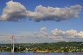 Clouds floating over river and hill