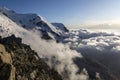 Clouds and fog near Dome du Gouter and Bosson glacier Mont Blanc massif in the French Alps. View from the Cosmique refuge,