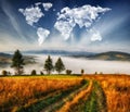 Clouds in the form of a map of the world over the mountains. autumn dawn in the Carpathians