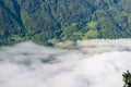 Clouds in the Mont Blanc valley in Europe, France, the Alps, towards Chamonix, in summer, on a sunny day