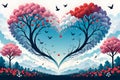 Clouds with multiple heart-shaped, floral trees and cloudy environment, birds flying, love athmosphere, background