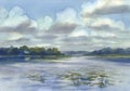 Clouds over the lake watercolor background. Summer landscape