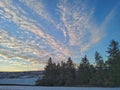 Clouds over a snow covered field and trees in Northumberland UK Royalty Free Stock Photo