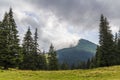 Clouds over top of a mountain with green pine forest and grass m Royalty Free Stock Photo