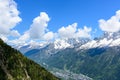 Clouds over the town of Chamonix in the Mont Blanc massif in Europe, France, the Alps, towards Chamonix, in summer, on a sunny day Royalty Free Stock Photo