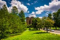 Clouds over trees and a building at Druid Hill Park, in Baltimore, Maryland. Royalty Free Stock Photo