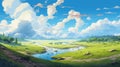 Anime-inspired Landscape: Lush Riverscape With Clouds And Detailed Character Design