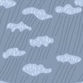 Clouds with rain on a blue background. Seamless pattern. Scandinavian style. Primitive drawing. Children`s illustration.