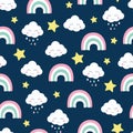 Clouds rainbow and strars seamless pattern. Kids and baby cartoon. Royalty Free Stock Photo