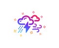 Clouds with raindrops, lightning, wind icon. Bad weather sign. Vector