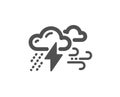 Clouds with raindrops, lightning, wind icon. Bad weather sign. Vector