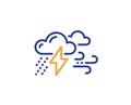 Clouds with raindrops, lightning, wind line icon. Bad weather sign. Vector