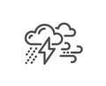 Clouds with raindrops, lightning, wind line icon. Bad weather sign. Vector