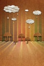 Clouds with raindrops and umbrellas, paper texture Royalty Free Stock Photo