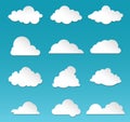 Clouds. Rainy sky. Cartoon fluffy white shapes on blue background. Paper appliques. Decorative mockups for heaven or
