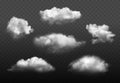 Clouds realistic. Blue cloudy sky weather elements vector picture set