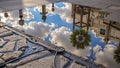 Reflection of clouds on wet concrete streets, ideal for articles on merging worlds, surrealism, and sky-ground connections