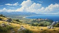 Realistic Oil Painting Of Greek Island Plateau With Farming Village And Ocean