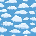 Clouds seamless pattern on blue sky background cloudy bright vector cloudscape. Nature air weather fluffy white cloud