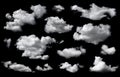 Clouds set isolated on black background. White cloudiness, smog background