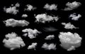 Clouds set isolated on black background. White cloudiness, mist or smog background Royalty Free Stock Photo
