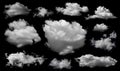 Clouds set isolated on black background. White cloudiness, mist or smog background