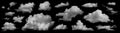 Clouds set isolated on black background. White cloudiness, mist or smog background. Collection of different clouds Royalty Free Stock Photo