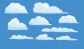 Clouds set. Sky background. Illustration in cartoon style flat design. Isolated on blue. Heavenly atmosphere. Vector Royalty Free Stock Photo
