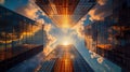 clouds and the setting sun reflected on the glass surface of buildings, blending urban architecture with natural Royalty Free Stock Photo