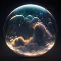 Clouds in the sky inside a bubble. Soap glass orb with worlds inside. Abstract smoke.