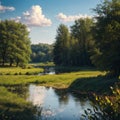 clouds in the sky over Narew river boat green trees countryside and Poland water... Royalty Free Stock Photo