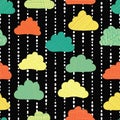 Clouds in the sky seamless vector pattern background. Teal, green, orange, and yellow rain clouds on a black and white striped ba