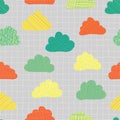 Clouds in the sky seamless vector pattern background. Teal, green, orange, and yellow cute doodle clouds on a gray texture grid.