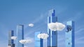 Clouds between skyscrapers on the background of the blue sky. 3d Royalty Free Stock Photo