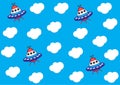 Cute kids pattern for boys. Blue sky with cute clouds and colorful spaceship background create a fun cartoon drawing