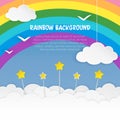 Clouds with stars and birds silhouettes on the rainbow background. Cloudy sky background. Colorful cloudscape background.