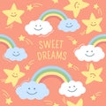 Clouds, stars and rainbow on pink background with comets and sweet dreams.