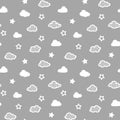 Clouds and stars seamless pattern. White and grey design.