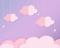 Clouds and stars in violet sky. Background in paper cut, paper craft style for baby, kids and nursery design, invitations, banners