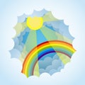 Clouds, sun, rainbow. Cloudscape with blue sky cartoon background