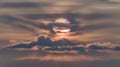 Clouds and Sun Rising Sky Time Lapse. Closeup Telephoto Lens. Travel, Beginning, Nature Concept.