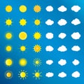 Clouds and sun icons isolated on blue sky background set cartoon flat style weather vector Royalty Free Stock Photo